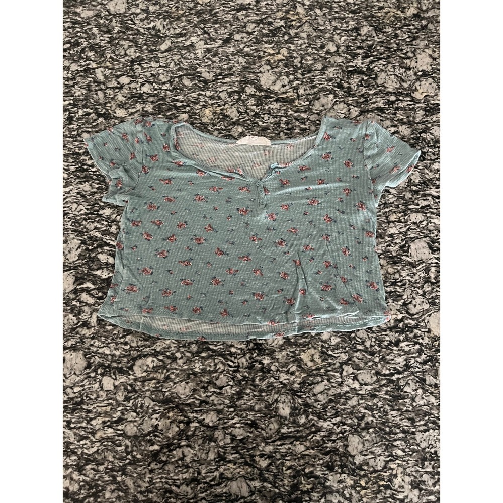 Floral Ribbed Henley‎ Crop Top Blue Short Sleeve Scoop Neck Ditsy Flower Tee